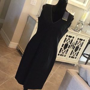 Piazza Sempione back zip shift dress, v neck, black with white stitching, 44 NWT